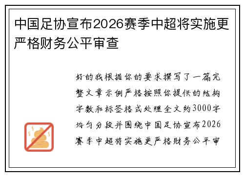 中国足协宣布2026赛季中超将实施更严格财务公平审查 中国足协宣布2026赛季中超将实施更严格财务公平审查